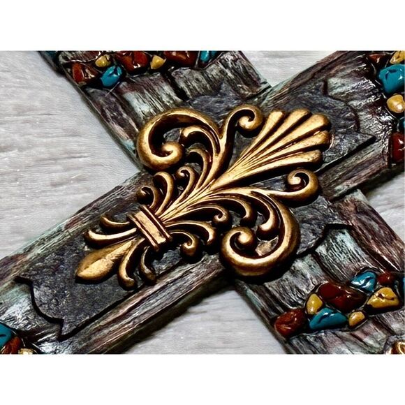 NWOT Montana West 12" Fleur-De-Lis Wood Neutral Stone Wall Cross - Picture 6 of 7